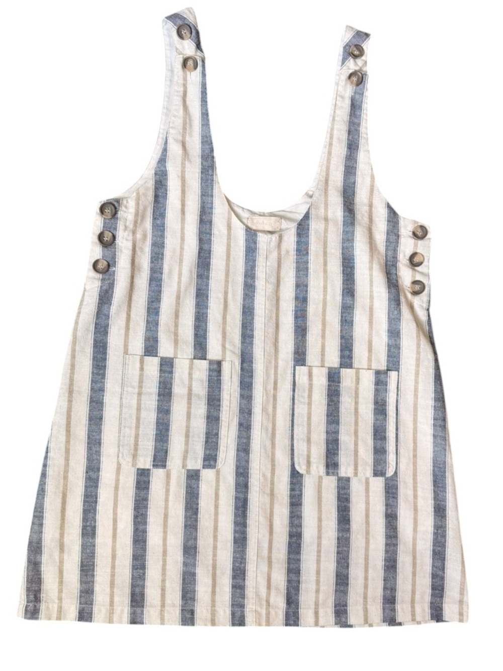 Striped Linen Pocket Button Detail Pinafore - Blue & Cream Women’s Large